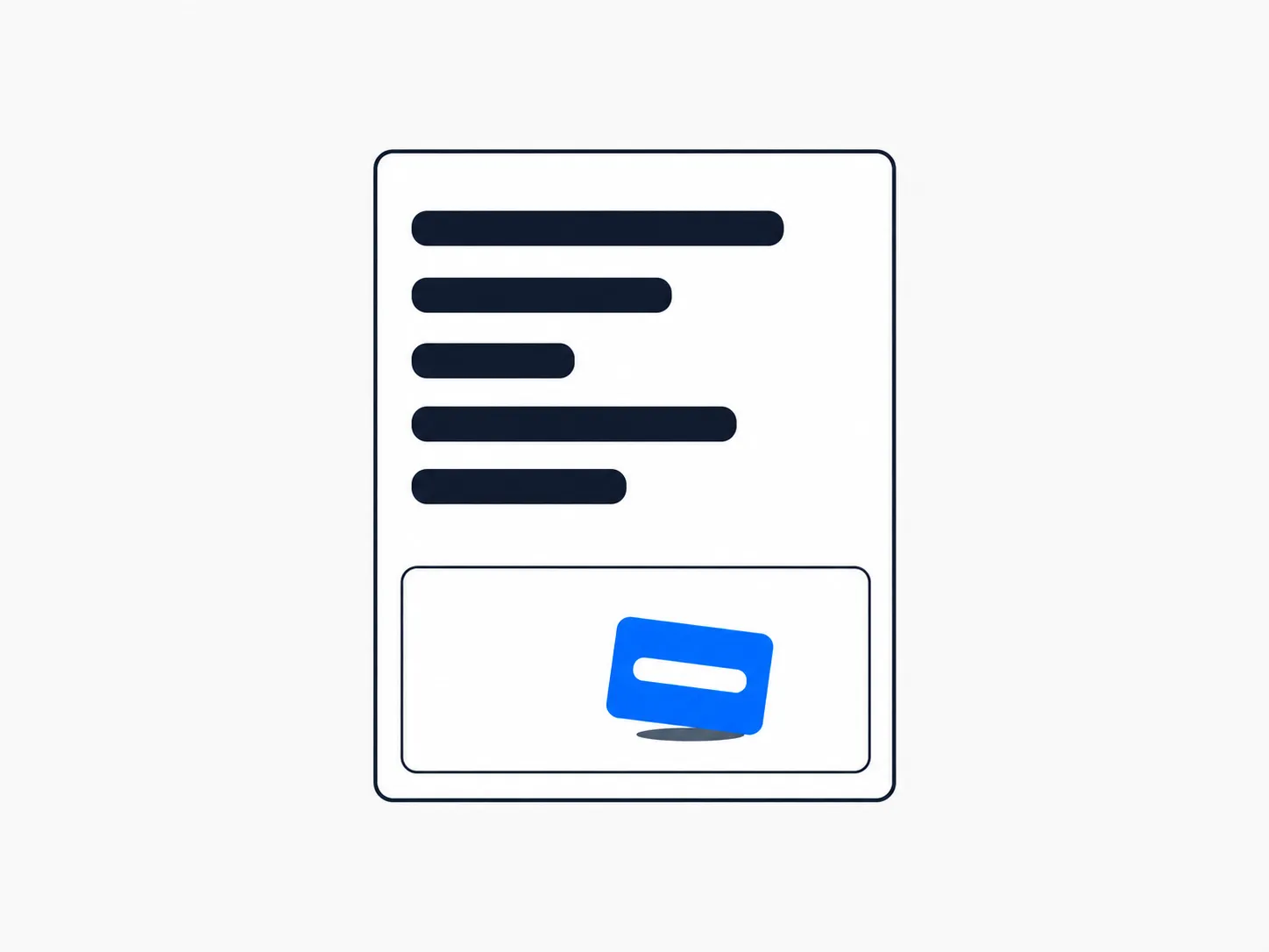 Flat illustration of an upright sheet with five short bars and one large empty field holding a small tilted blue card.