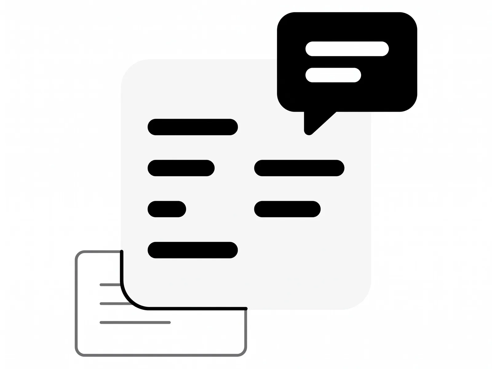Flat illustration of a black speech bubble overlapping a light conversation panel, with a plain note card tucked beneath.