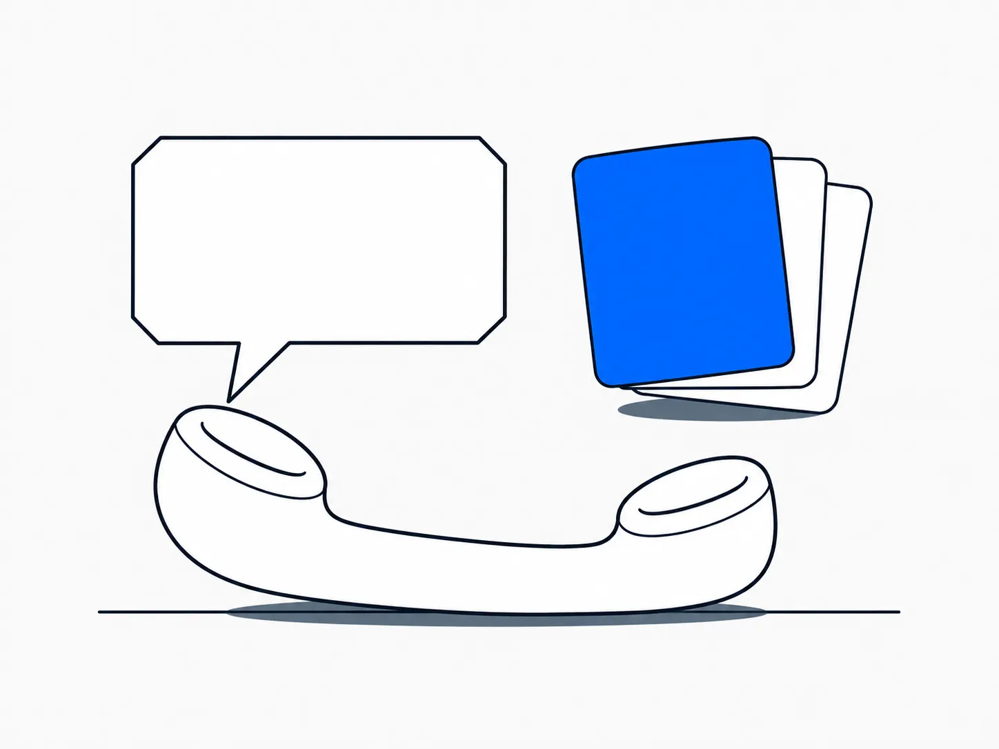 Flat illustration of a phone handset, an empty angular speech bubble above it and a card stack with a blue front card.