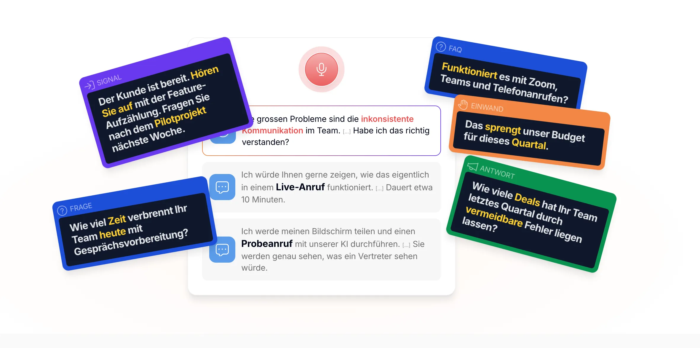 Schräg gestellte Hinweiskarten mit den Beschriftungen Signal, Frage, FAQ, Einwand und Antwort rund um ein Gesprächstranskript auf der deutschen Startseite von CallPrompter