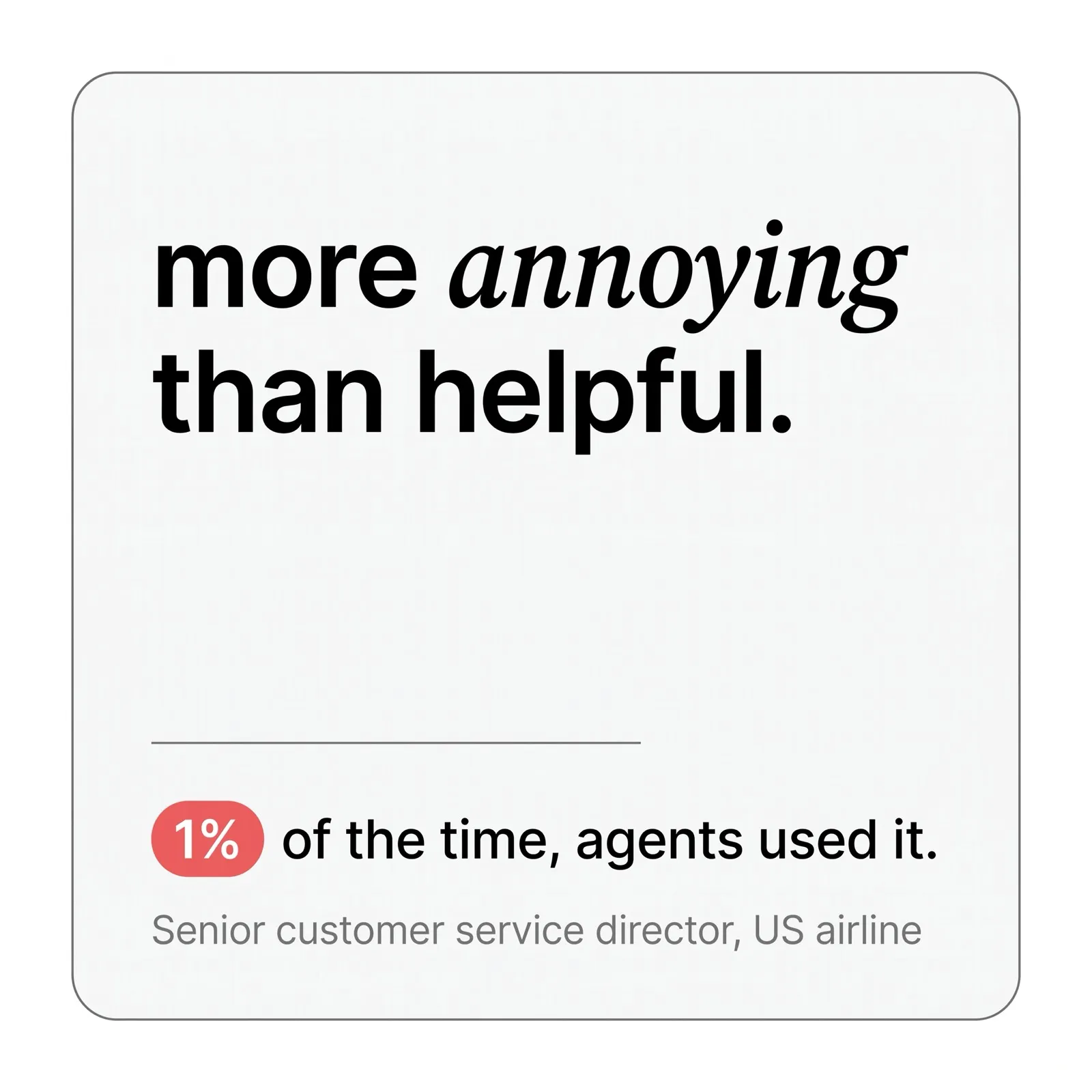 Quote card reading "more annoying than helpful" with a red 1% chip marking how often agents used the pushed guidance