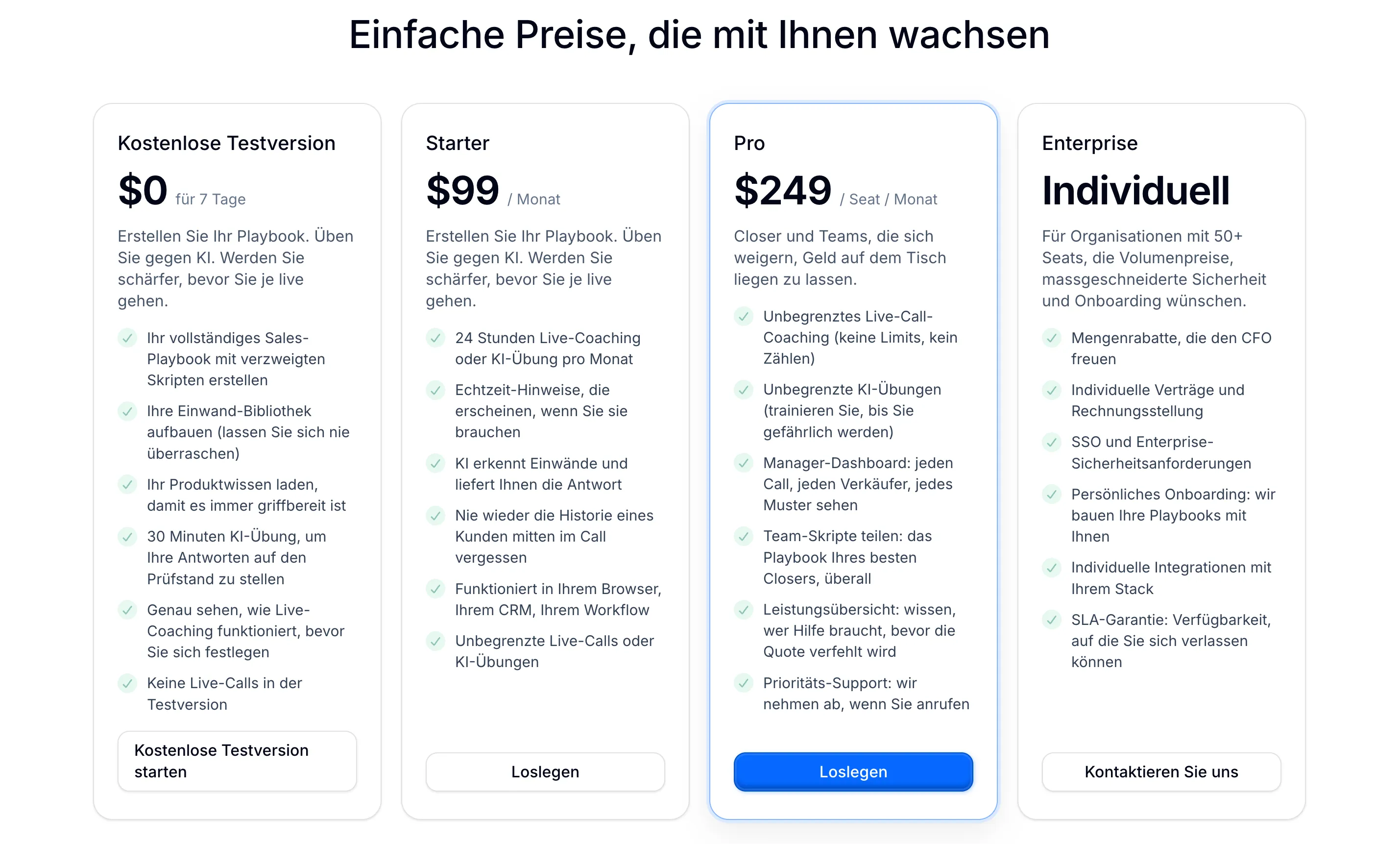 Veröffentlichte Preise auf callprompter.app: Starter 99 Dollar pro Monat, Pro 249 Dollar pro Seat und Monat.