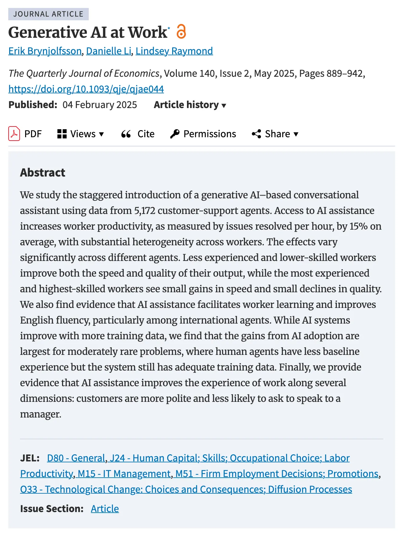 The published QJE paper: 5,172 support agents, issues resolved per hour up 15 percent on average
