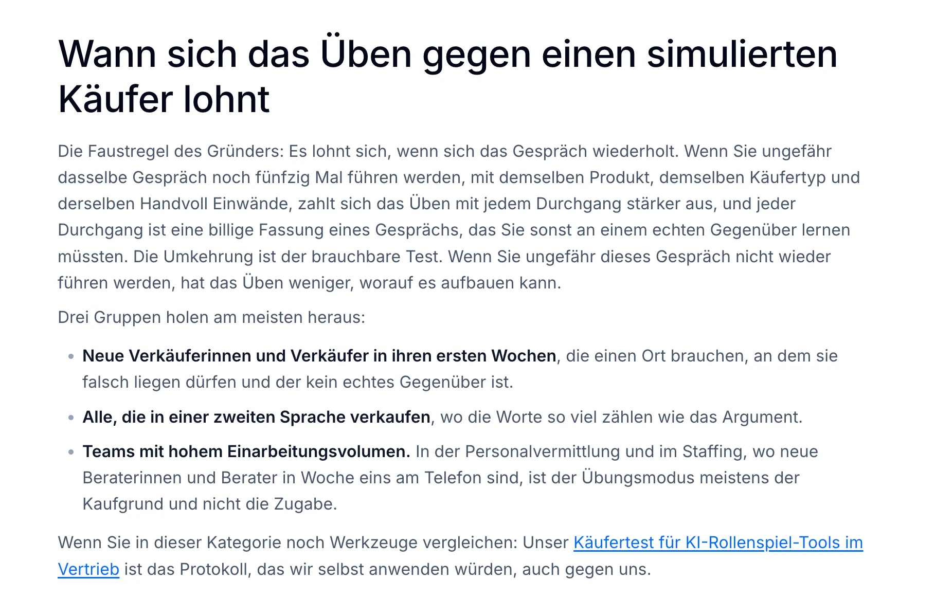 Seite zum Übungsmodus von CallPrompter: Üben lohnt sich, wenn dasselbe Gespräch noch rund fünfzig Mal ansteht