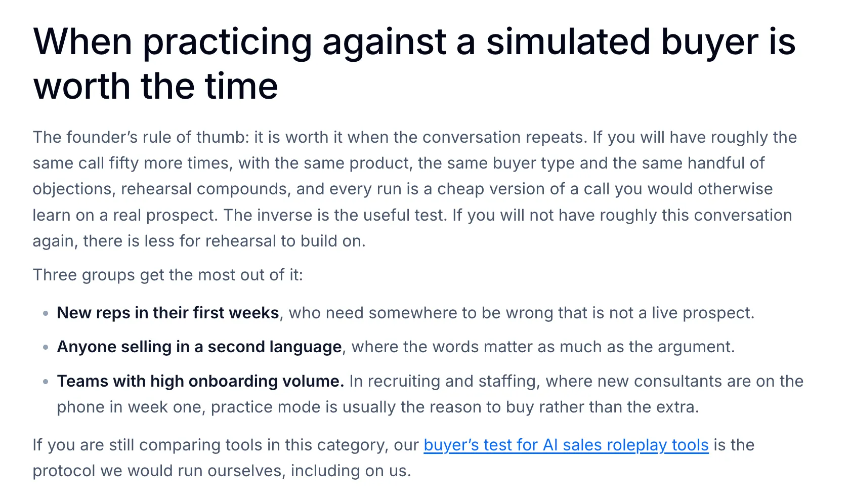 CallPrompter's practice-mode page: rehearsal pays when the same call comes back about fifty more times