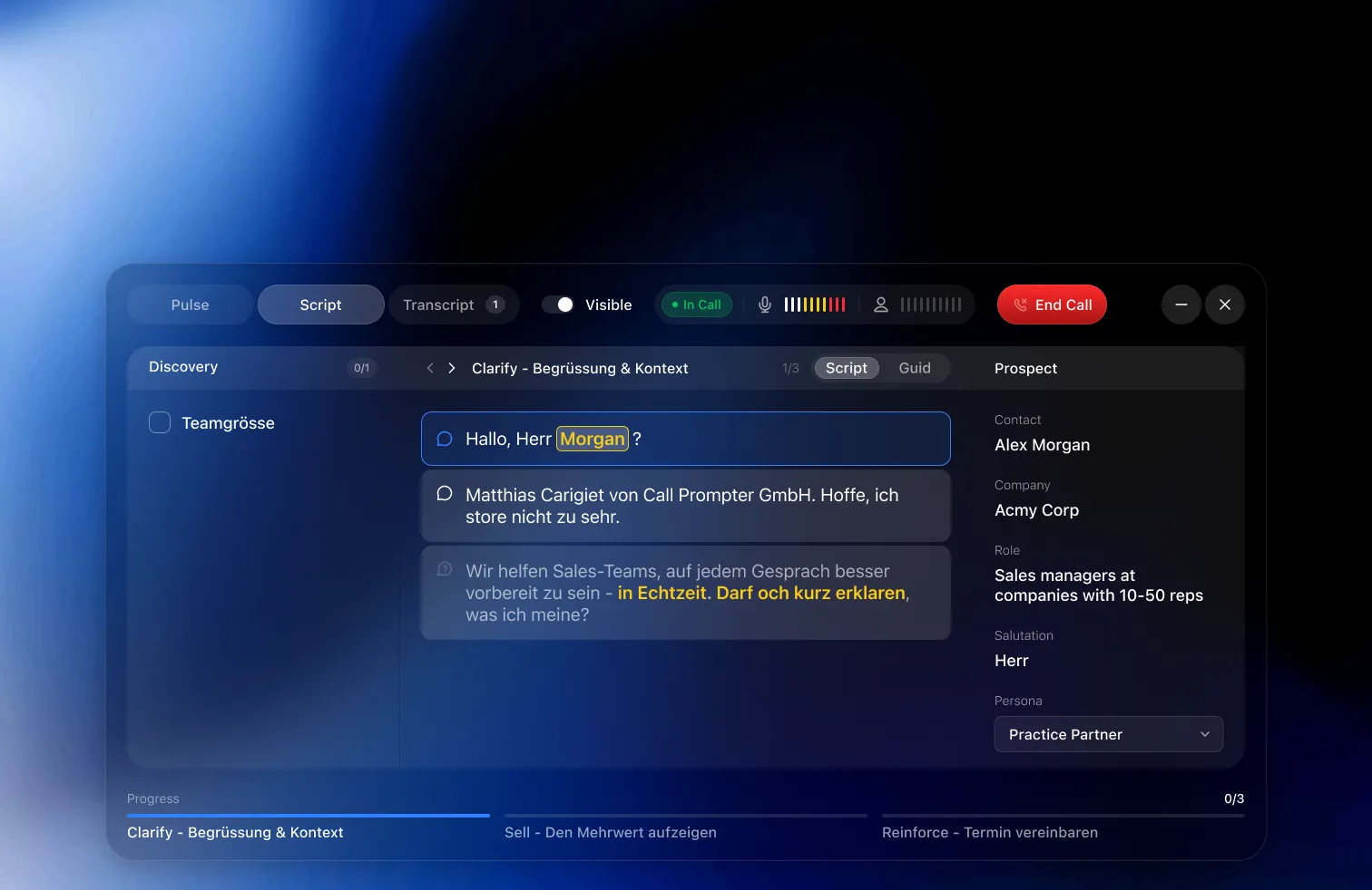 The Script view during the opening stage of a call: an opener, an introduction and a value line, each card carrying its full wording with the key phrases highlighted, and a Script and Guide toggle above them.
