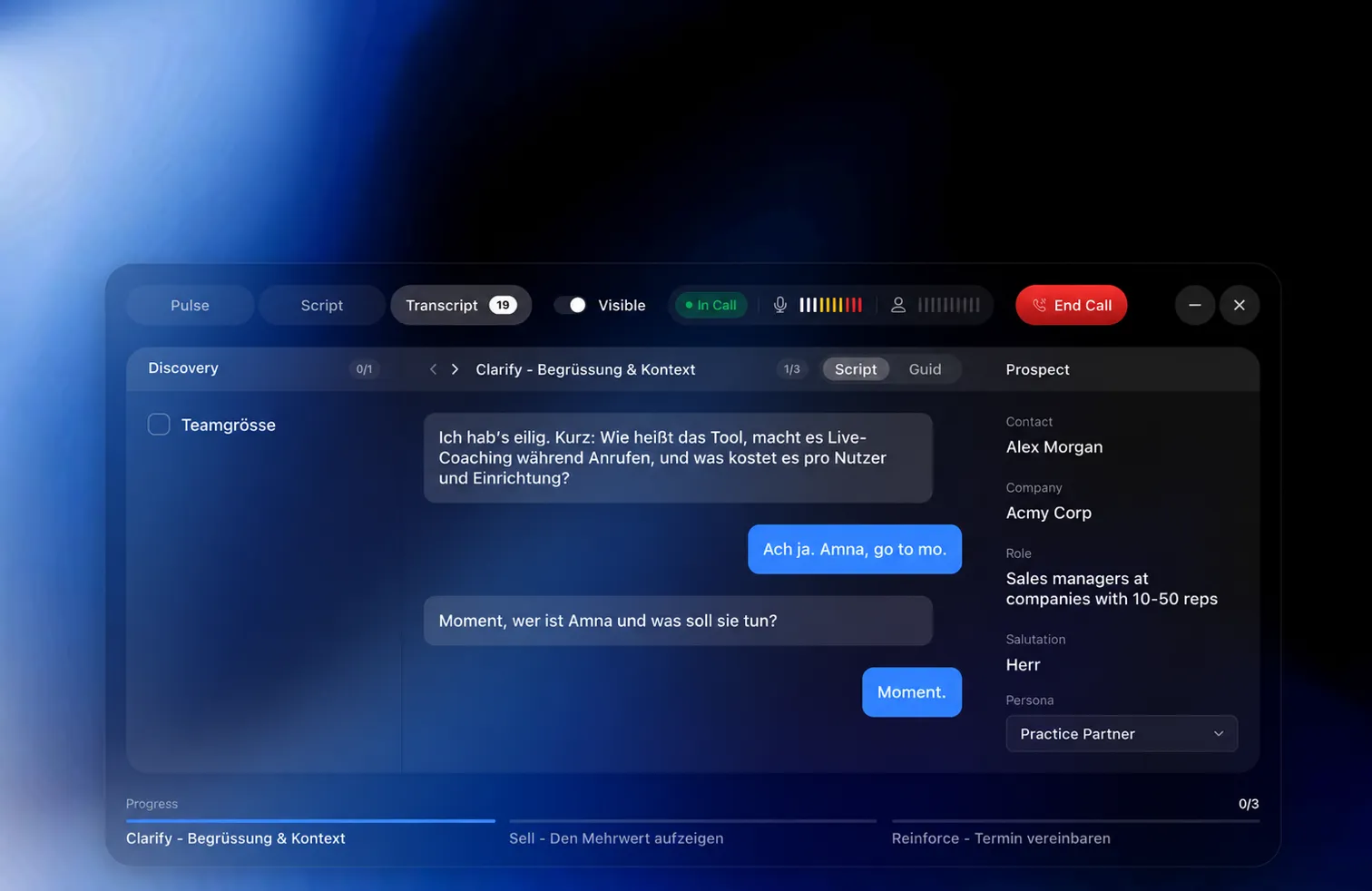 The Transcript view during a live call, with the prospect and rep messages arranged as a conversation beside the discovery checklist and prospect details.