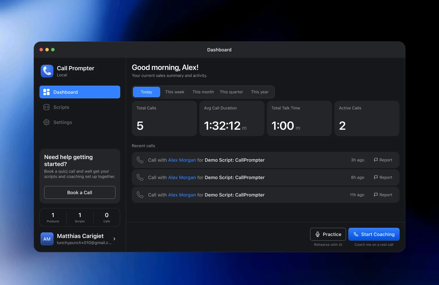 The CallPrompter dashboard in dark mode: total calls, average call duration, total talk time and active calls across the top, with the recent calls listed below.