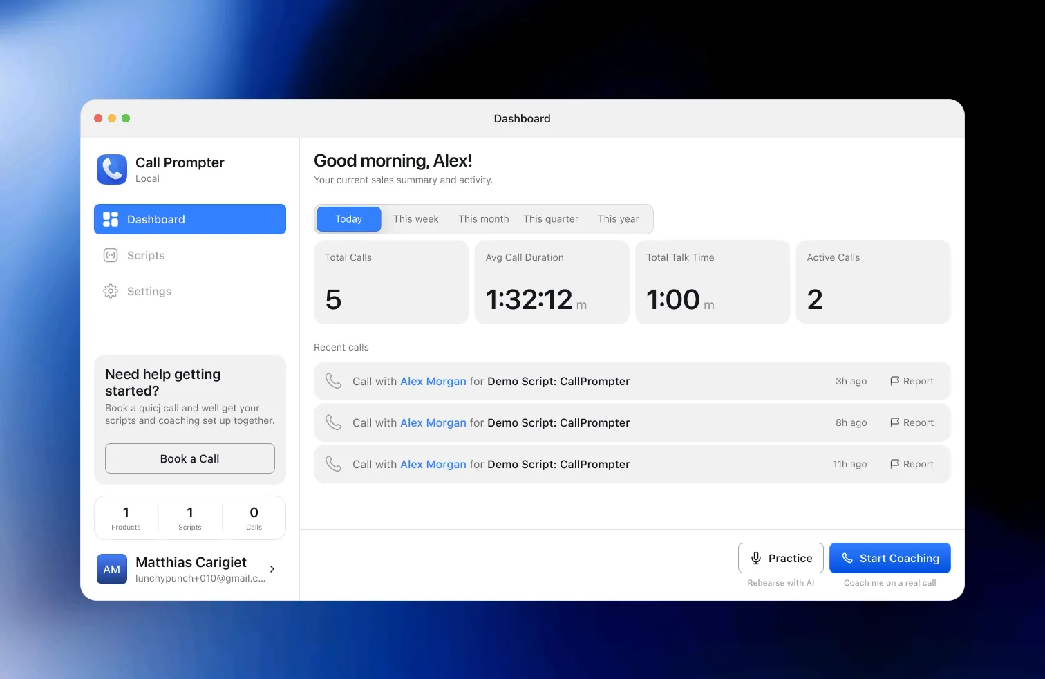 The same dashboard in light mode, with the identical metrics and recent-call list on a white background.